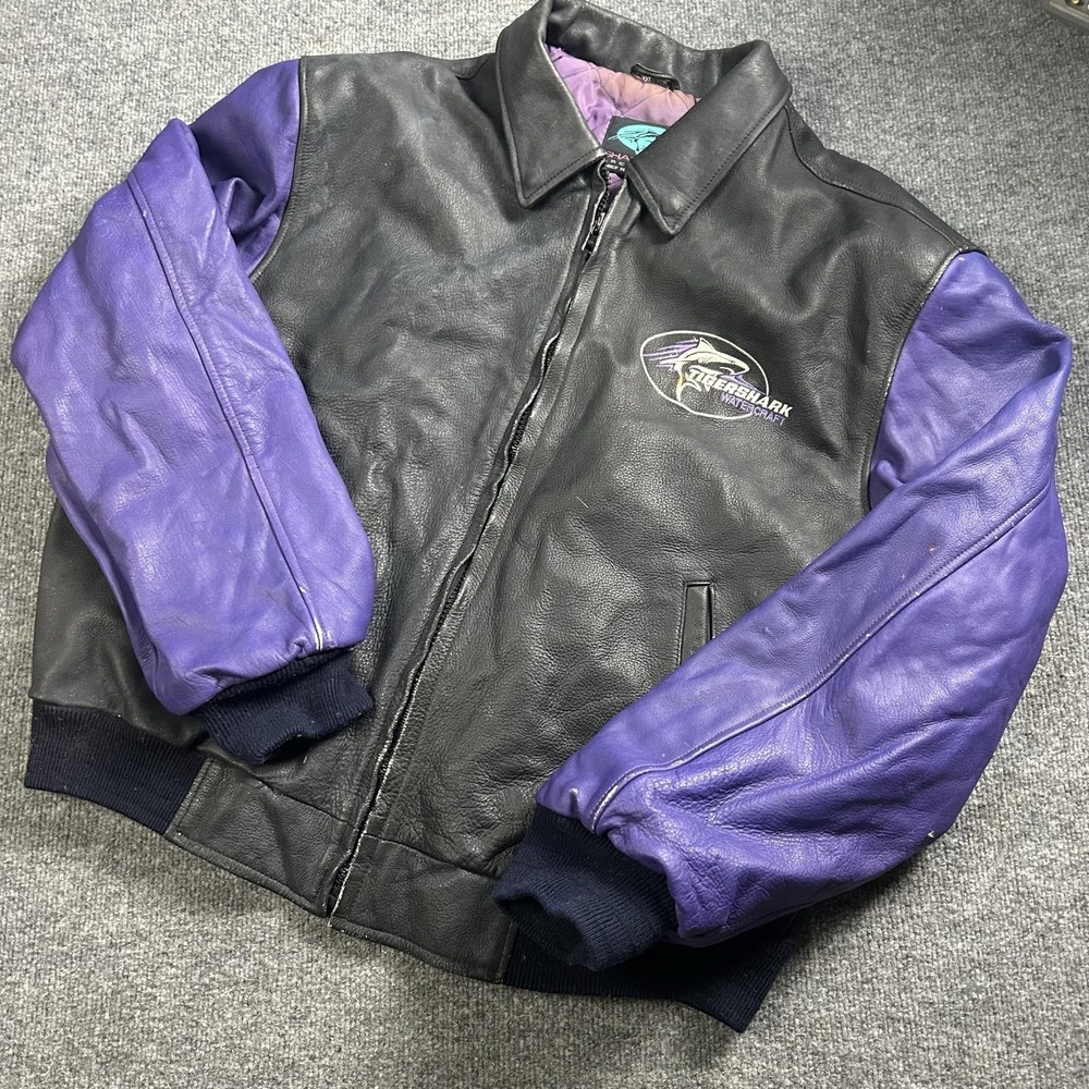 Vintage Sharkwear Tigershark Jacket Mens 2XL Black Purple Leather Bomber 90s